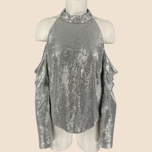 NWT RACHEL ZOE Size 0 Silver Rayon Sequined Off-Shoulder Dress Top $395 MSRP
